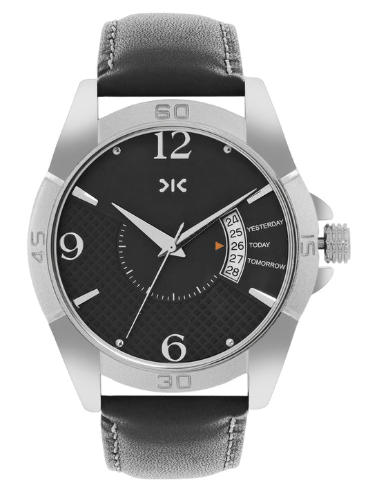 Men's Silver Case, Black Leather Strap Date Watch KLMO104E