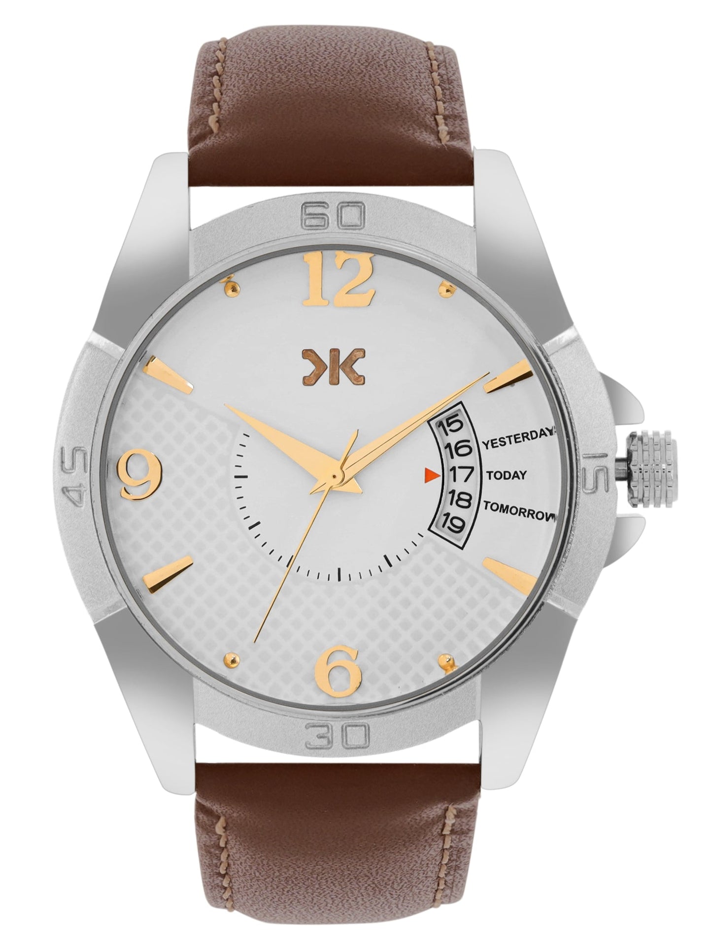Men's Silver Case, Brown Leather Strap Date Watch KLMO104B