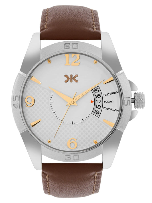 Men's Silver Case, Brown Leather Strap Date Watch KLMO104B