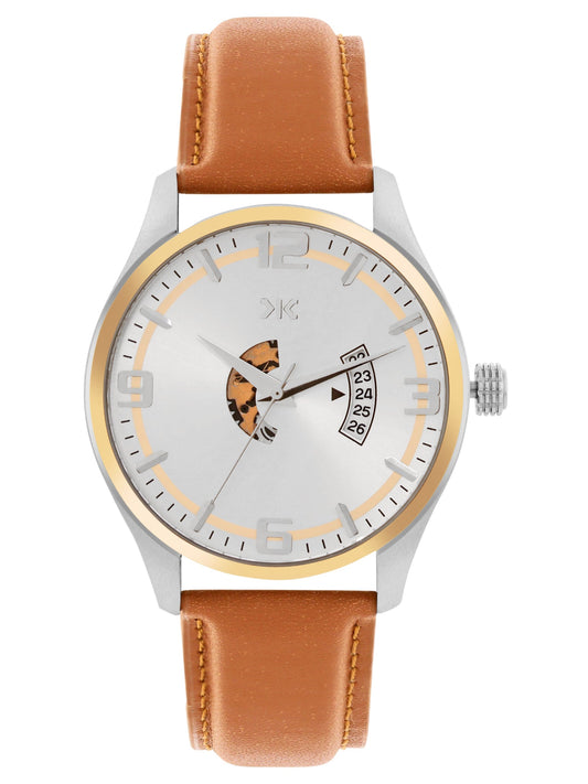 Men's Two-tone, Silver Skeleton Dial, Brown Leather Strap, Date Watch KLMO103D