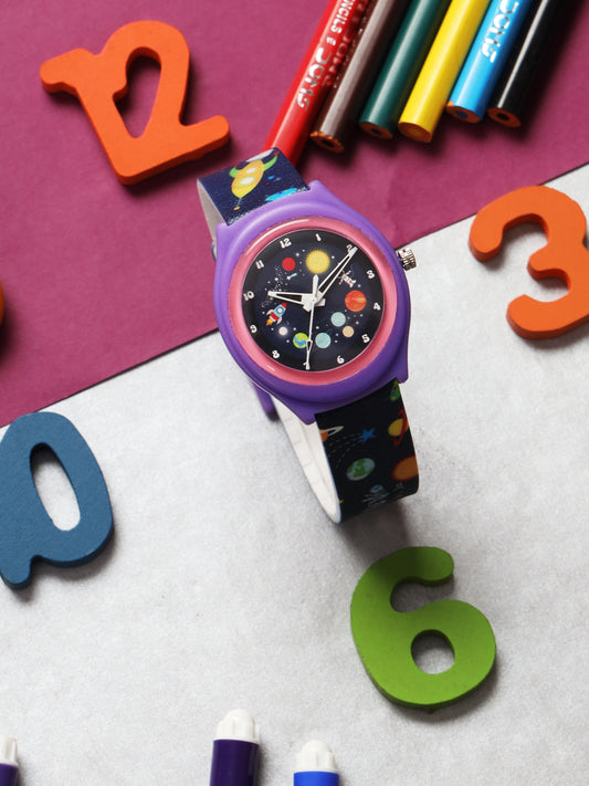 Kids’ Black Dial Analog Watch with Space Print Silicone Strap - JJ207