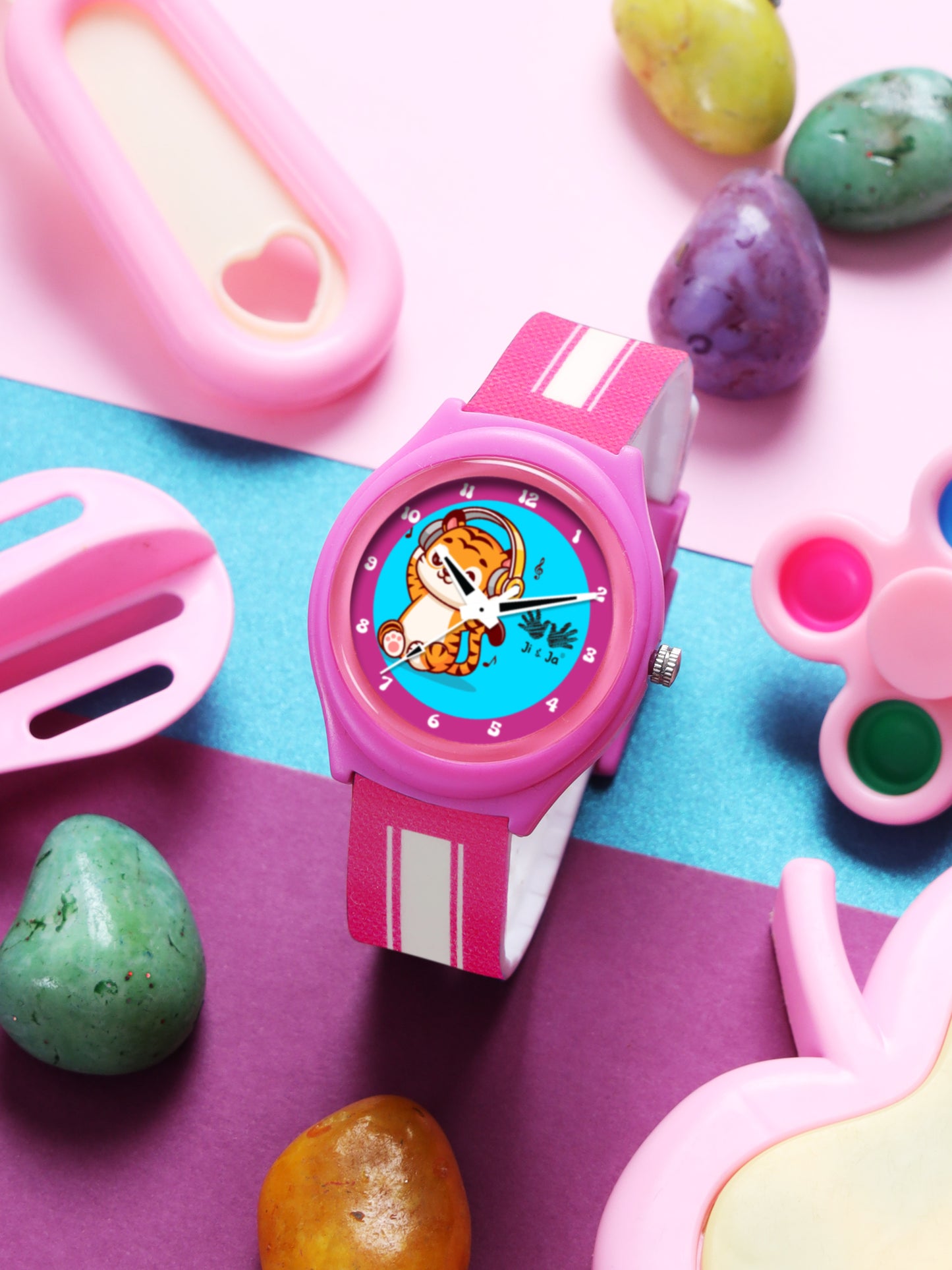 Kids’ Blue Dial Analog Watch with Pink Case & Tiger Print Silicone Strap - JJ238