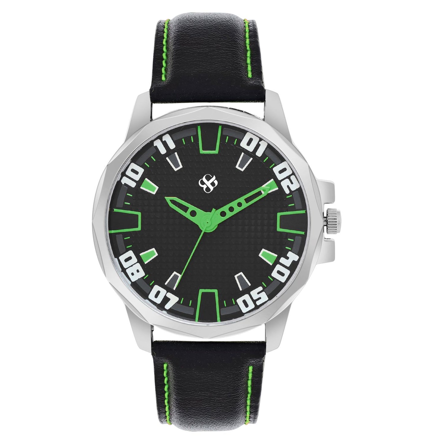 Men’s Black Dial with Green Accents and Black Leather Strap Analog Watch - BSM073G