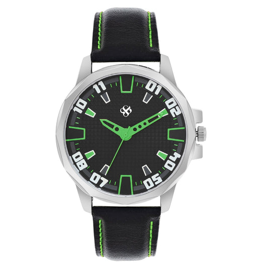 Men’s Black Dial with Green Accents and Black Leather Strap Analog Watch - BSM073G