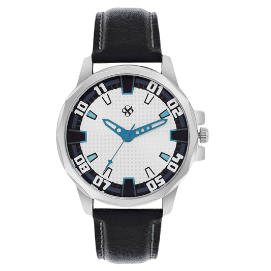 Men’s White Textured Dial with Black Leather Strap Analog Watch - BSM073E