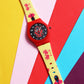 Kids’ Black Dial Analog Watch with Red Case and Yellow Printed Silicone Strap - JJ211