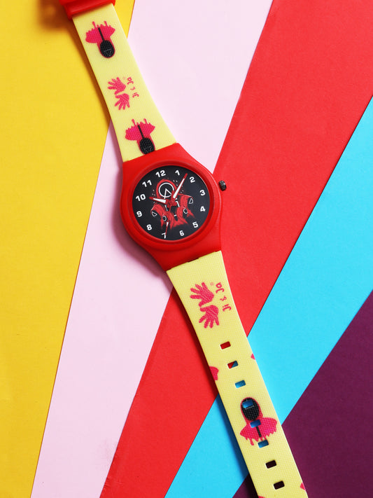 Kids’ Black Dial Analog Watch with Red Case and Yellow Printed Silicone Strap - JJ211