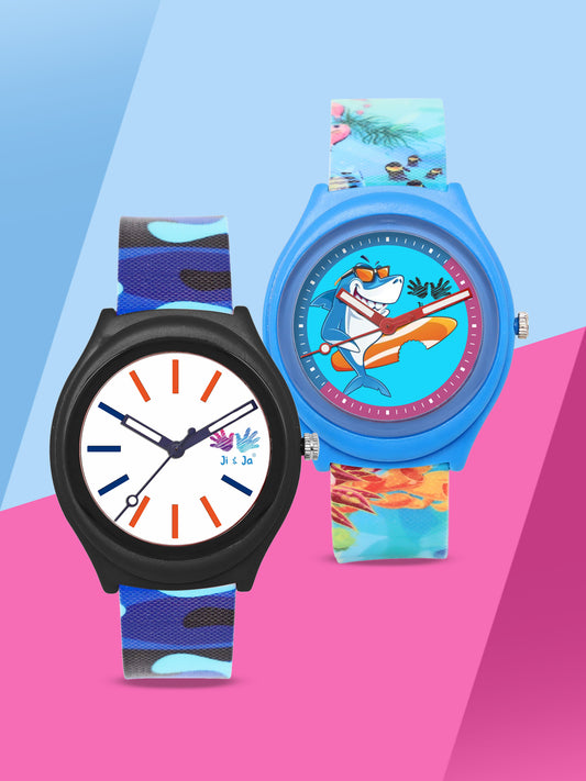 Kids’ Combo Pack Analog Watches – Camouflage Style & Shark Cartoon Design - JJ114116