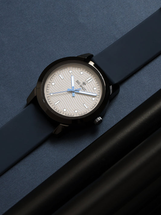 Men’s Analog Watch – Grey Textured Dial with Blue Strap & Blue Hands - BSM008C