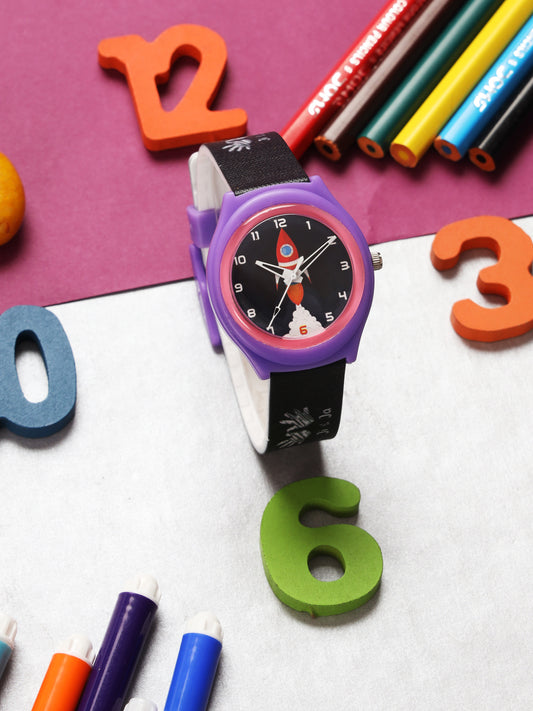 Kid’s Rocket Graphic Dial Analog Watch with Purple Case & Black Silicone Strap - JJ232