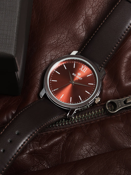 Men’s Brown Dial Analog Watch with Dark Brown Leather Strap - BSM004A