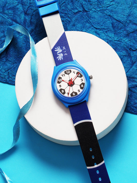 Kid’s White Dial Analog Watch with Soccer-Themed Blue & Black Silicone Strap - JJ227