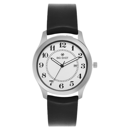 Men’s White Dial Analog Watch with Black Leather Strap & Silver Case - BSM072C