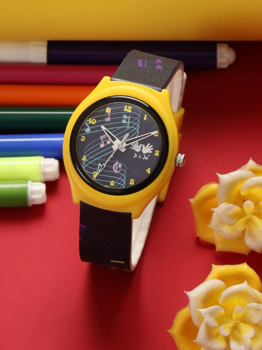 Kids’ Black Dial Analog Watch with Musical Notes Silicone Strap - JJ208