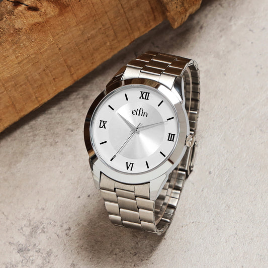 Men’s Analog Watch – Silver Roman Dial with Stainless Steel Strap - ELFM002E