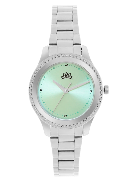 Women’s Silver Bracelet Watch with Crystal Bezel & Green Sunray Dial - D001A