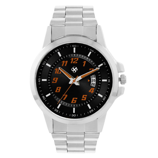 Men’s Black Dial Analog Watch with Silver Metal Strap & Date Display - BSM070B