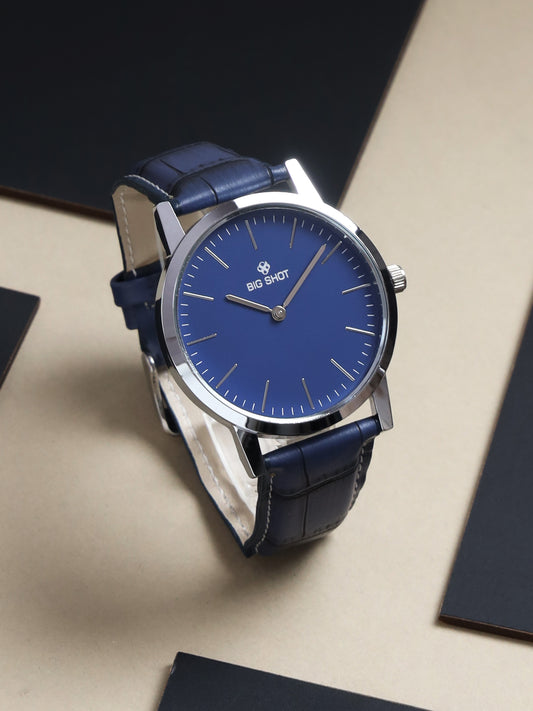 Men’s Minimalist Blue Dial Analog Watch with Textured Blue Leather Strap - BSM001B
