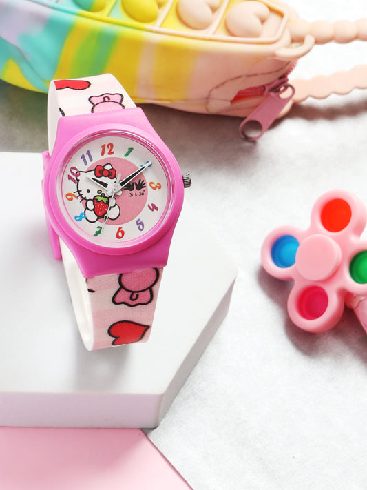 Kids’ Pink Dial Analog Watch with Cartoon Kitty Silicone Strap - JJ209