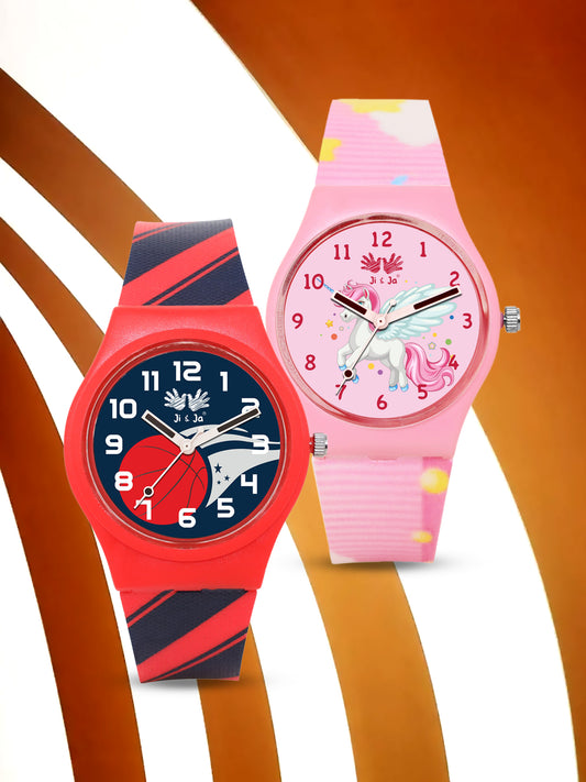 Kids’ Combo Pack Analog Watches – Red Basketball Theme & Pink Unicorn Fantasy - JJ119117