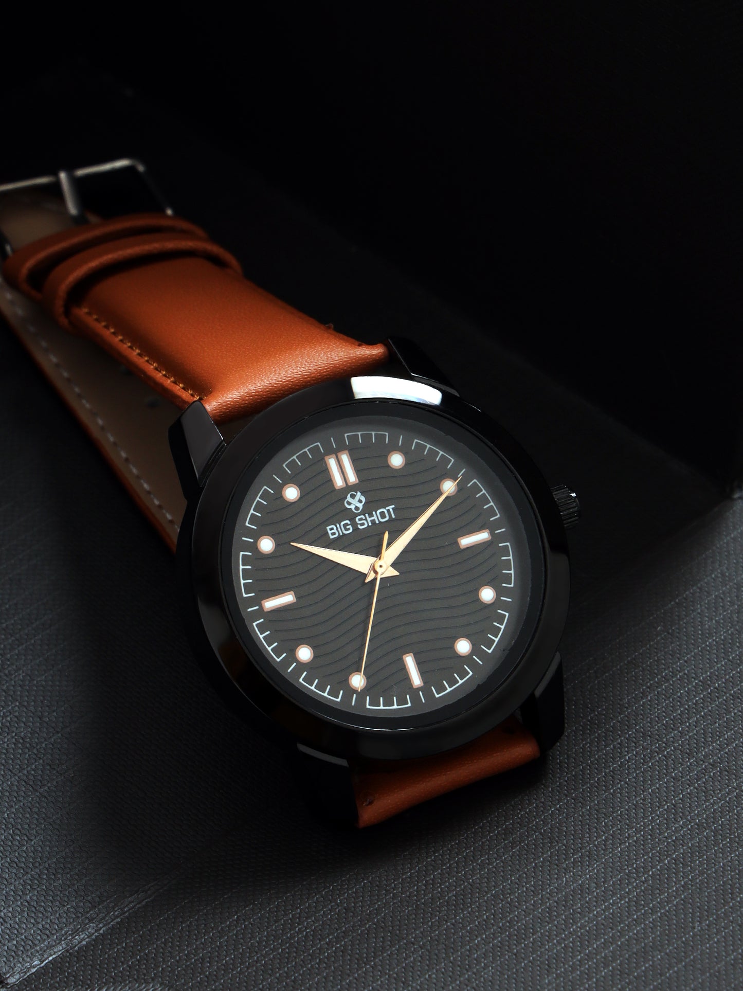 Big Shot Men’s Black Textured Dial with Brown Leather Strap Analog Watch - For Men BSM008B