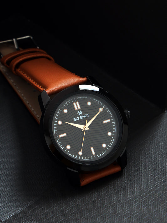 Big Shot Men’s Black Textured Dial with Brown Leather Strap Analog Watch - For Men BSM008B