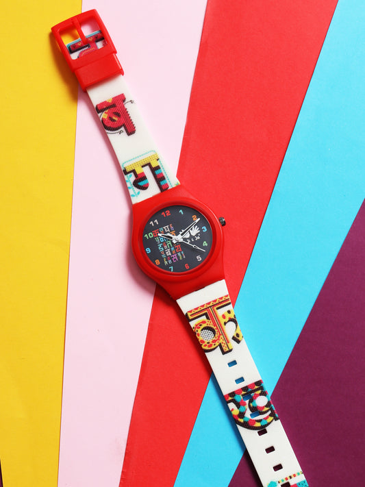 Kids’ Hindi Alphabet Theme Analog Watch with Red Case & White Silicone Strap - JJ213