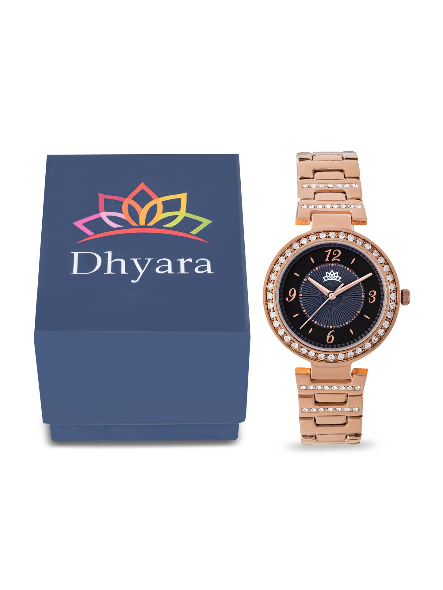 Dhyara Women’s Elegant Black Dial with Rose Gold Metal Strap & Crystal Bezel Watch - D004E