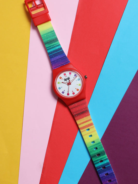 Kids’ White Dial Analog Watch with Rainbow Silicone Strap - JJ204