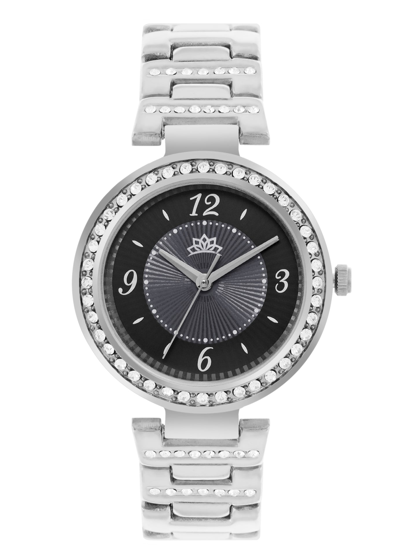 Women’s Black Dial Silver Bracelet Watch with Crystal Bezel - D004A