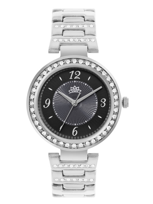 Women’s Black Dial Silver Bracelet Watch with Crystal Bezel - D004A