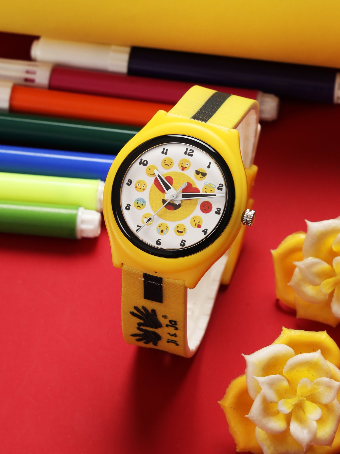 Kids’ White Dial Analog Watch with Emoji Print Silicone Strap & Yellow Case - JJ222