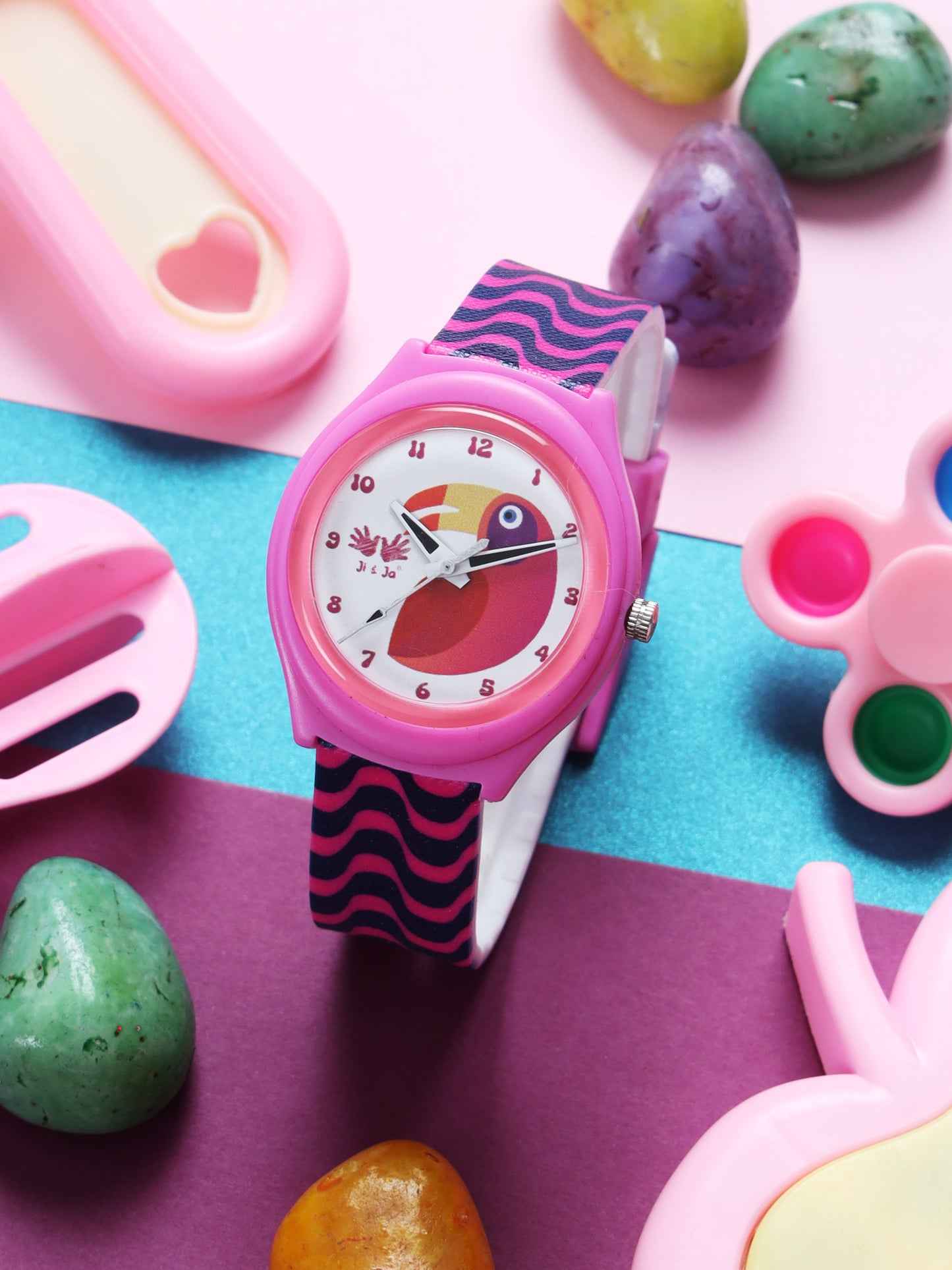Kids’ Pink Analog Watch with Toucan Dial & Wavy Strap Design - JJ241