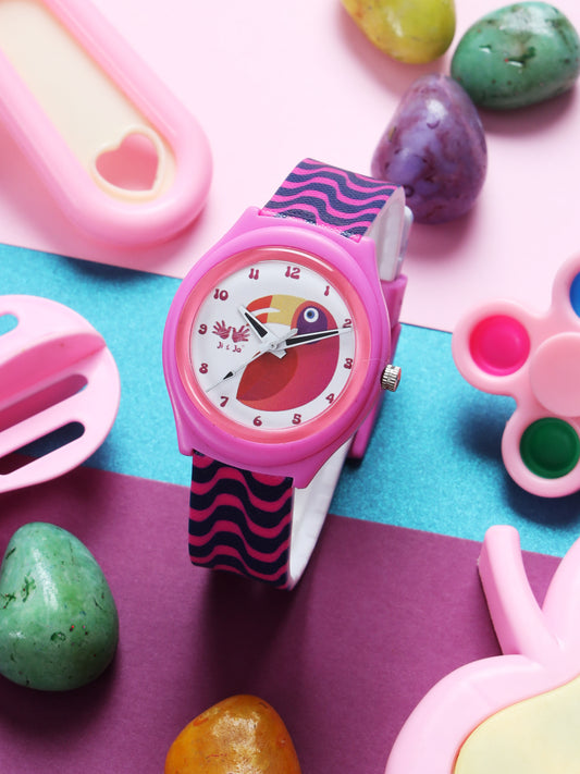 Kids’ Pink Analog Watch with Toucan Dial & Wavy Strap Design - JJ241