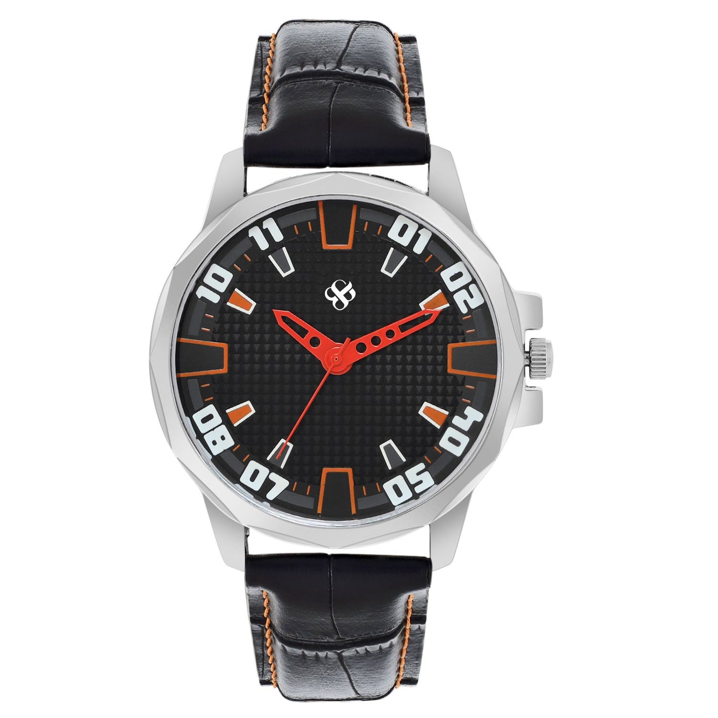 Men’s Sporty Black Dial Analog Watch with Orange Accents & Black Leather Strap - BSM073C