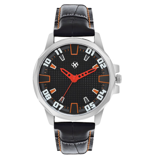 Men’s Sporty Black Dial Analog Watch with Orange Accents & Black Leather Strap - BSM073C