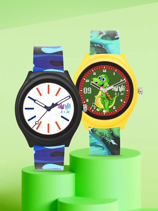 Kids' Combo Pack Analog Watches – Green Dinosaur Adventure & Blue Camouflage Sports - JJ120114