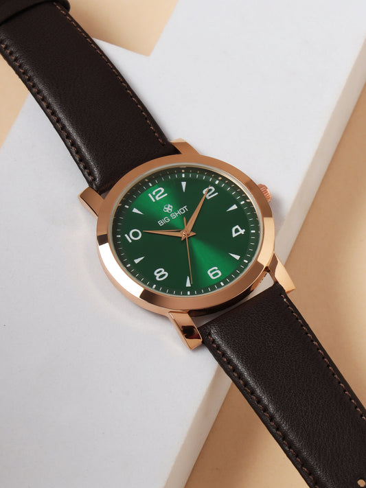 Men’s Green Dial Rose Gold Case Analog Watch with Brown Leather Strap