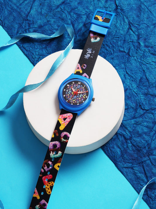 Kids’ Fun Alphabet Theme Analog Watch with Blue Case & Silicone Strap - JJ212