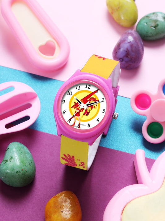 Kid’s White Dial Analog Watch with Pink Case & Yellow Printed Silicone Strap - JJ229