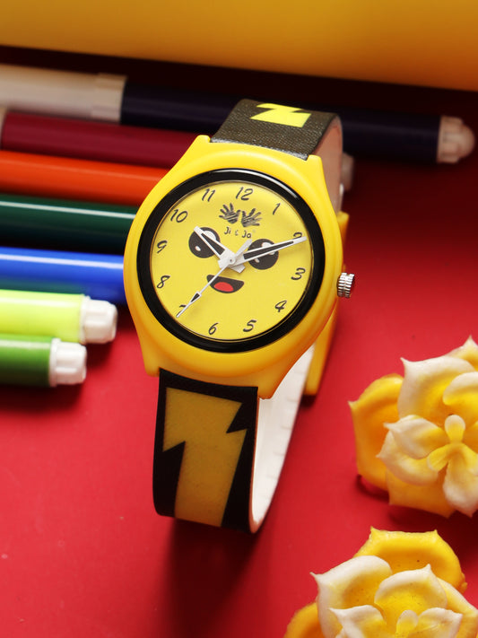 Kids’ Yellow Emoji Dial Analog Watch with Lightning Bolt Strap - JJ243