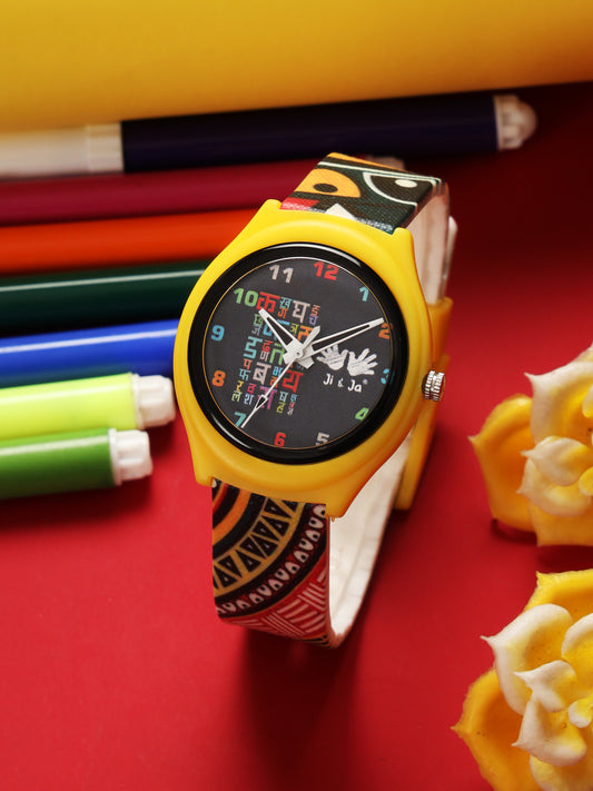 Kids’ Yellow Hindi Alphabet Theme Analog Watch with Colorful Silicone Strap - JJ214