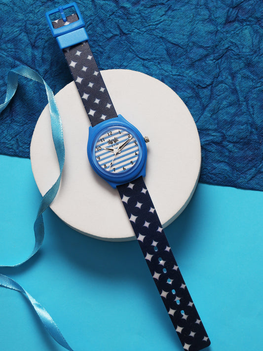 Kid’s White & Blue Striped Dial Analog Watch with Blue Case & Printed Silicone Strap - JJ230