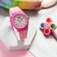 Kids’ White & Pink Striped Dial Analog Watch with Pink Case & Patterned Strap - JJ240
