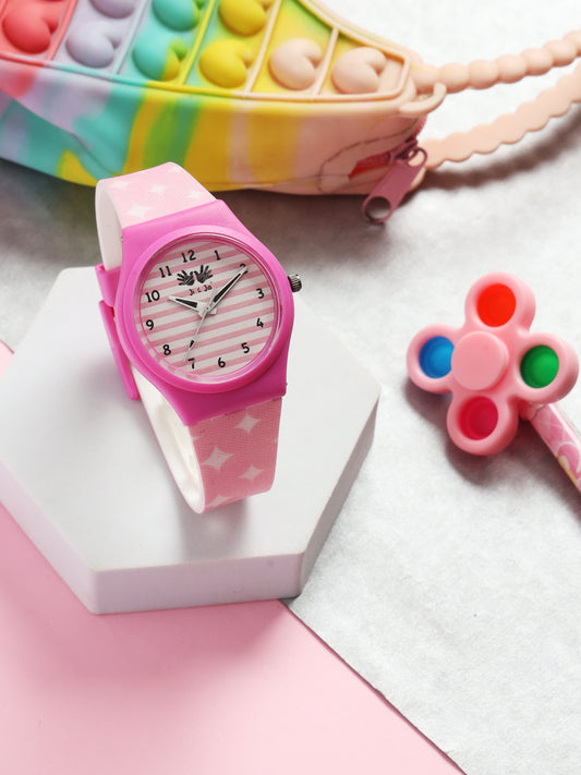 Kids’ White & Pink Striped Dial Analog Watch with Pink Case & Patterned Strap - JJ240