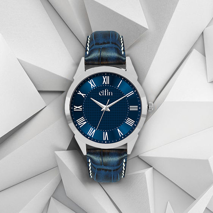 Men’s Analog Watch – Grey Textured Dial with Blue Strap & Blue Hands - ELFM001A