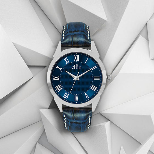 Men’s Analog Watch – Grey Textured Dial with Blue Strap & Blue Hands - ELFM001A