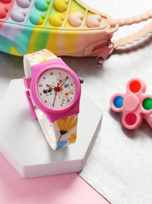 Kids’ White Dial Analog Watch with Floral Silicone Strap & Pink Case - JJ218