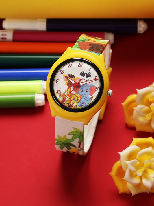 Kids’ White Dial Analog Watch with Jungle Cartoon Silicone Strap & Yellow Case - JJ220