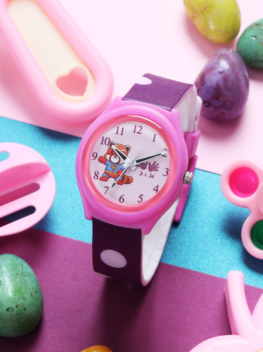 Kid’s Pink Dial Analog Watch with Purple Polka Dot Silicone Strap - JJ234